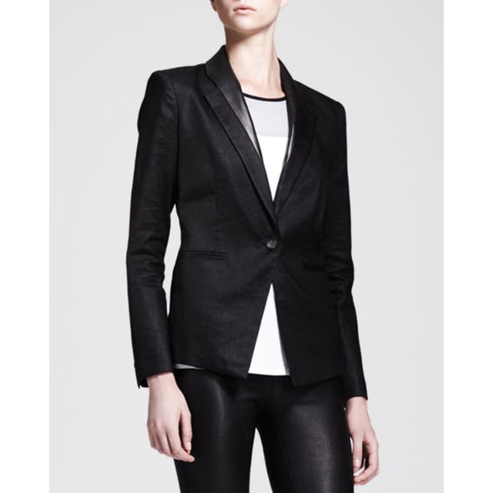 Helmut Lang Glossy Linen Twill Blazer with Lamb Leather Notched Lapel Size 10